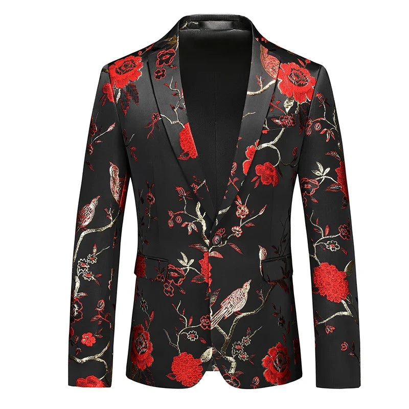 2026 New Men's White Rose Pattern Suit Jacket, Wedding Party Dress Coat, High Quality Men Slim Blazers Masculino Big Size M-6XL