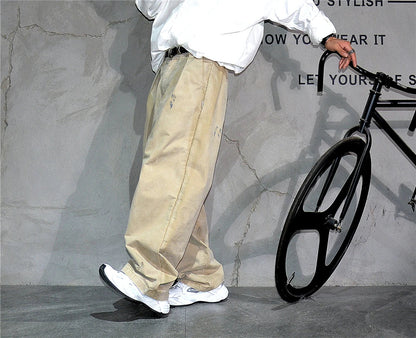 ‌Japanese Premium Vintage Distressed Paint Splash Cargo Pants Men Streetwear Loose Casual Straight Leg Haram Trousers Trendy