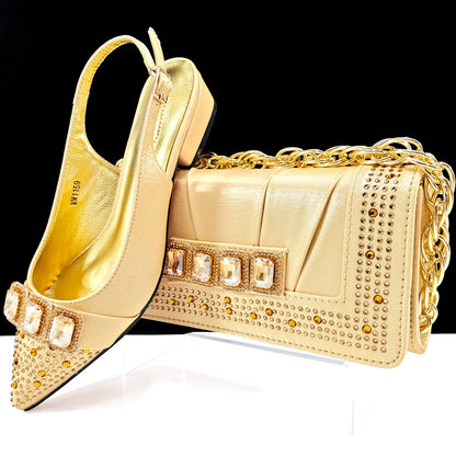 New Italian Olive Pumps and Bag for Party 2024 INS Style Pointed-Toe Rhinestone Elegant Low Heels Wedge for Wome