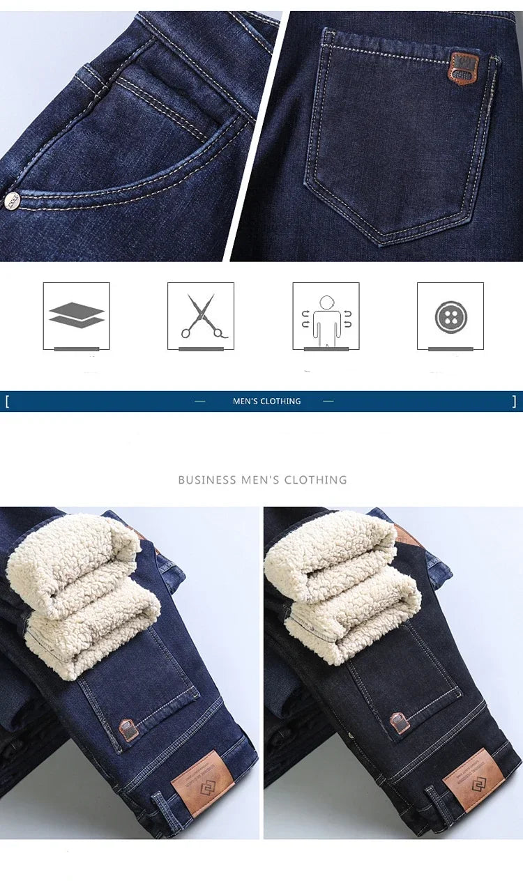Winter Men's Fleece Thick Sherpa Jeans Business Casual Velvet Straight Denim Pants Male Wool Plush Classic Stretch Trousers