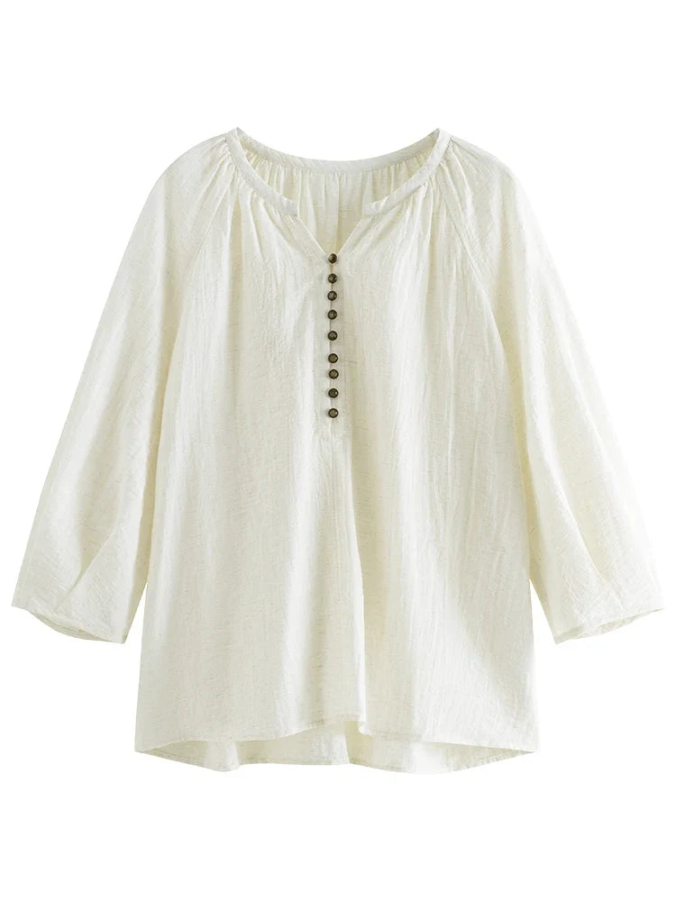 French Linen Beige Three-quarter Sleeve Elegant Summer Thin Shirts Loose Round Neck Pullover Blouses 24FS12211