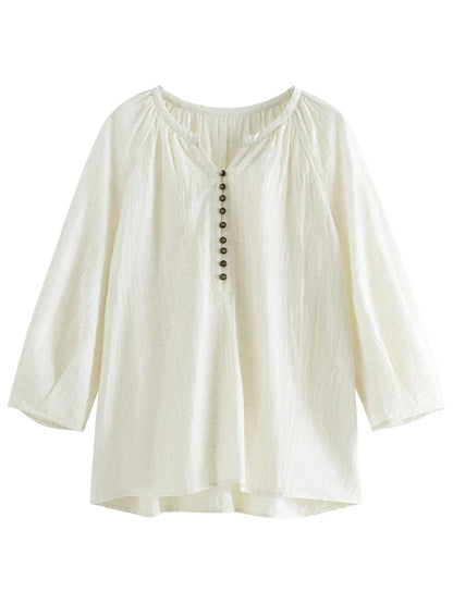 French Linen Beige Three-quarter Sleeve Elegant Summer Thin Shirts Loose Round Neck Pullover Blouses 24FS12211