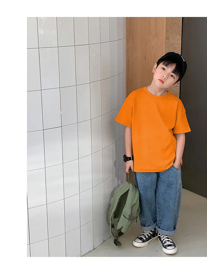 Summer Casual School Kids Cotton Plain Tee Tops Baby and Boys Short-Sleeved T-Shirt Children Outfit Clothing 1-16 Years