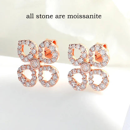 Flower All Moissanite Stud Earrings for Women Full Diamond Round Cut Sparkling Girls Jewelry Pure 925 Silver Plated 18k