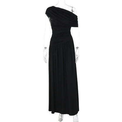 One Shoulder Ruched Sleeveless Solid Pleated Sexy Irregular Y2K Maxi Dress Summer Elegant Party Women Clothes Vacation