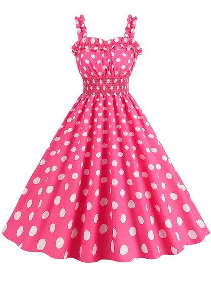 Spaghetti Strap Pink Plaid Dress Women Summer Elegant Vintage 50s Rockabilly Swing Party Dress