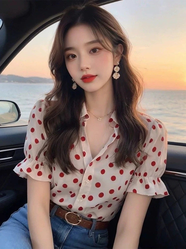 2025 Summer Sweet Blouses Polka Dot Single Breasted Tops Turn Down Collar Puff Sleeve Shirts Fashion All Match Women's Clothing