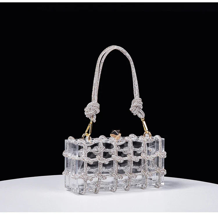 New Diamond Clear Acrylic Box Evening Clutch Bags Women Boutique Woven Knotted Rope Rhinestone Purses And Handbags Wedding Party