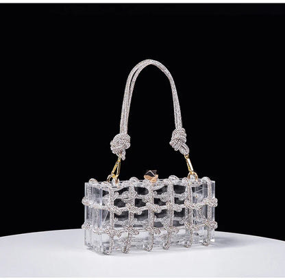 New Diamond Clear Acrylic Box Evening Clutch Bags Women Boutique Woven Knotted Rope Rhinestone Purses And Handbags Wedding Party