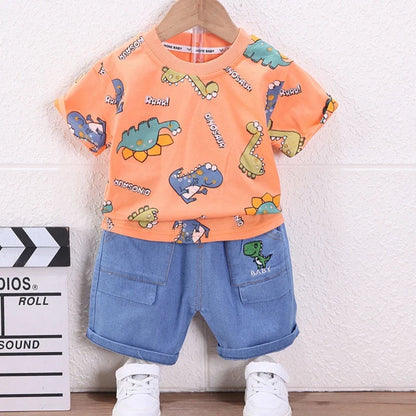 Summer Toddler Clothes Suit Full Print Dinosaur Pattern Short Sleeved Tshirt&shorts Set For Outdwear Tracksuit Boys Clothes Suit