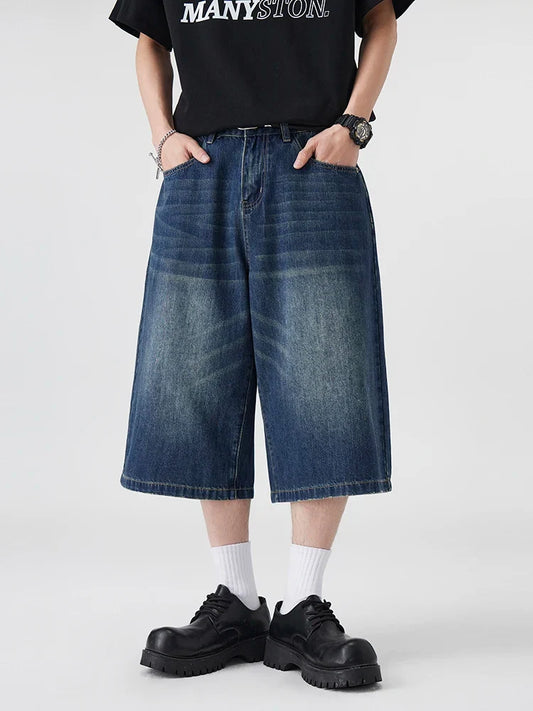 Summer New Straight Men's Denim Shorts Fashion Korean Loose Vintage Jeans Casual Wide Y2k Short Pants Streetwear