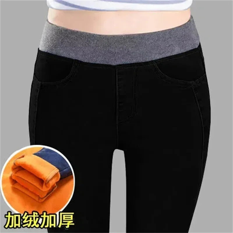 Winter Plus Velvet Stretch Jeans Women Oversize 40 High Waist Skinny Vaqueros Thick Warm Denim Trousers Fashion Mom Pencil Pants