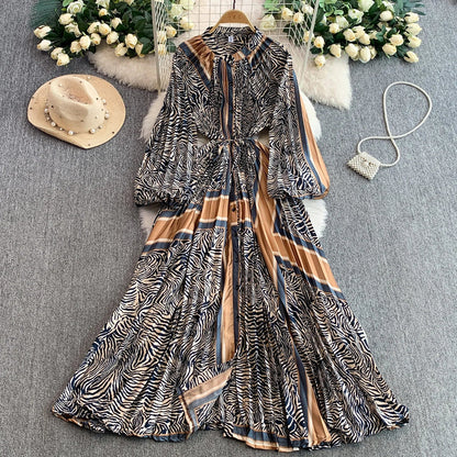 Ele Printed round Ne Lantern Sve Dr Women's Single Button Waist Cinch Maxi Skirt Long Dr Commute Sle Autumn