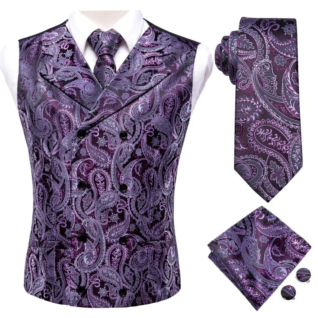 Hi-Tie Black Luxury Paisley Men's Vest Set Hanky Cufflinks For Wedding 100% Silk Vest For Men Gold Waistcoat Yellow Classic Vest