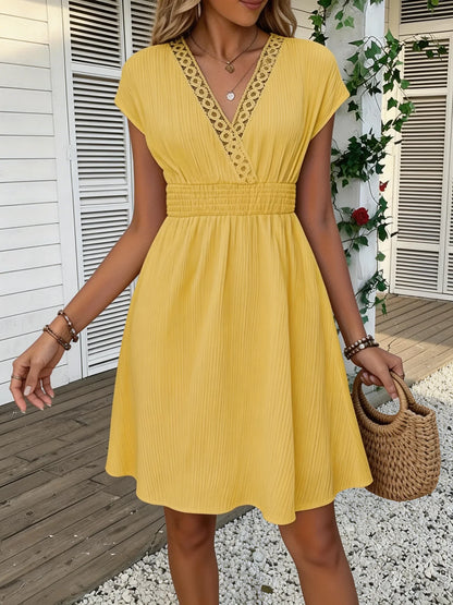 French Lace V-neck Fitted Dress with Waistline and Short Puff Sleeves. Striped Texture Short Skirt with Vertical Lines. Beach-st