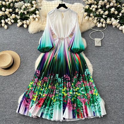 Ele High-End Women's Dr Faionable Beaded round Ne Hollow out Pleated Lantern Sve Waist Cinched Floral Print Lon...