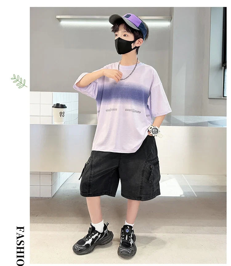 Luxury Children's Summer Clothing Top and Bottom Set For Boys 2PCS Cotton Outerwear Suit Kids School Clothes Tracksuit Age 5-14Y