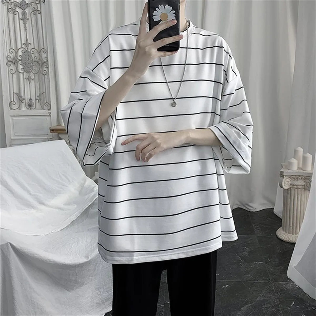 2026 Summer Oversized T-Shirt Men Funny Harajuku Tshirt Streetwear Femme Striped Japan Hip Hop Loose Half Sleeve T Shirts Male