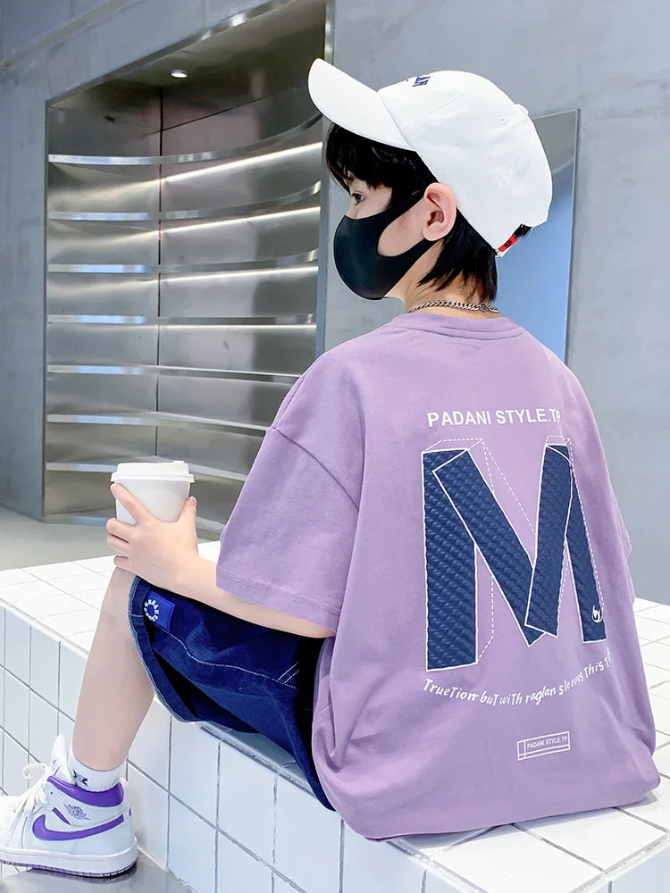 Summer Boys Cotton Leisure Loose Alphabet T-Shirt Top+Jeans Shorts Contrast Set School Kid 2PCS Tracksuit Children Outfit 5-16Yr
