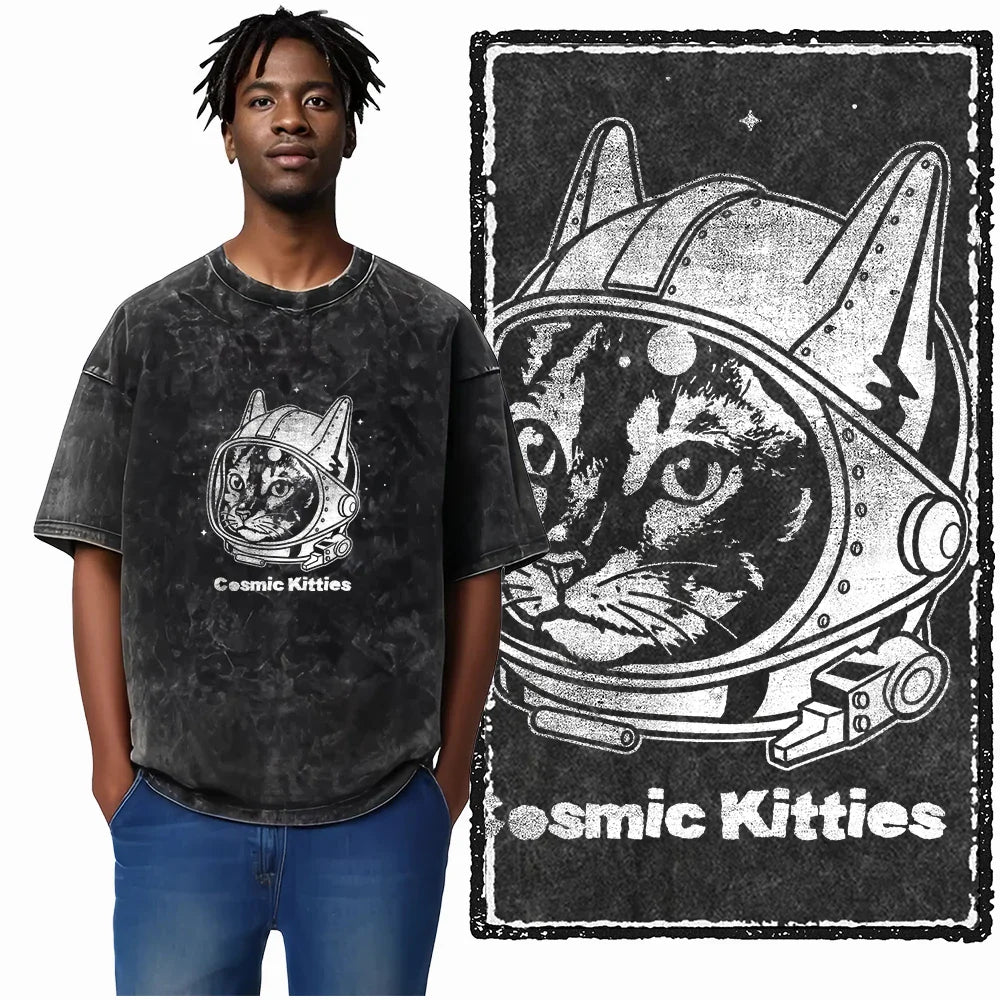 Cat Printed Cotton Acid Washed Exclusive Graphic Unisex T Shirt Cool Streetwear Men Tshirts Big Size Tee for Men