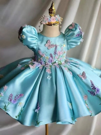 Flower Girl Dress Satin 3D Floral Butterfly Puff Sleeve Ball Gown Wedding Gown First Christmas Party Dress For Girlsفساتين
