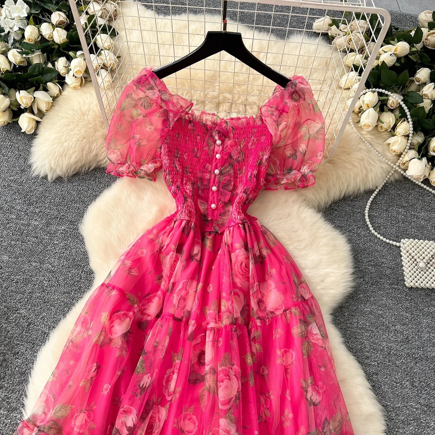 Retro Floral Chiffon Dr Women's Waist Cinched Bubble Sve Me Skirt Tea Break Gentle Soft Sle Korean High Waist A-Lin...