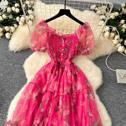Retro Floral Chiffon Dr Women's Waist Cinched Bubble Sve Me Skirt Tea Break Gentle Soft Sle Korean High Waist A-Lin...