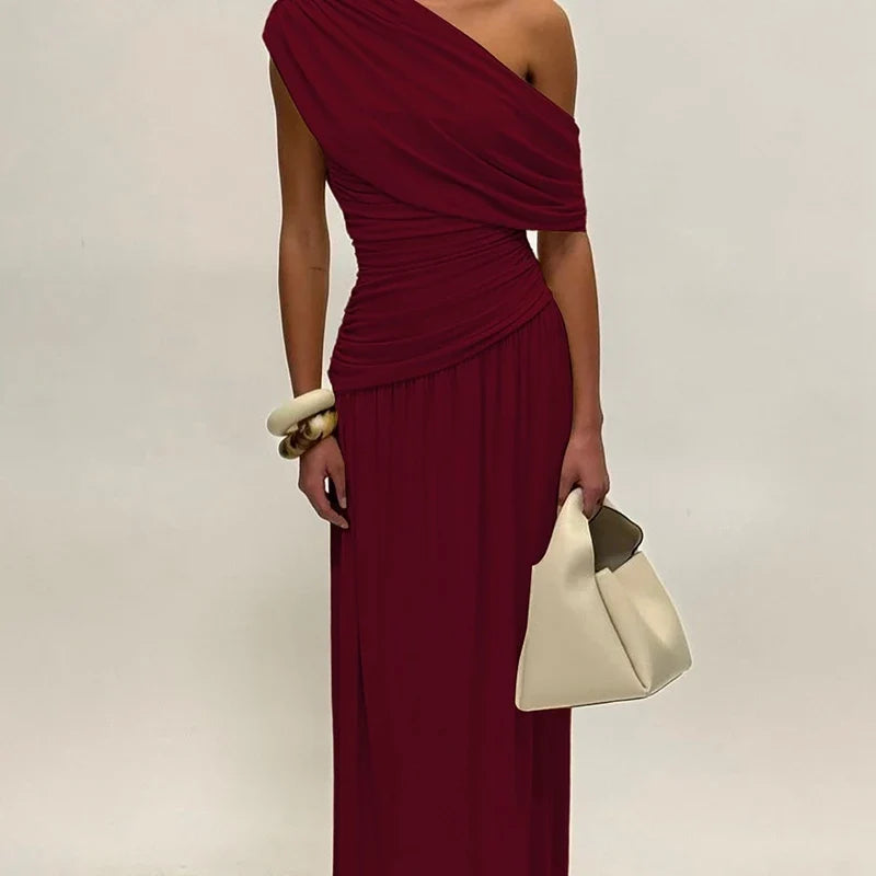One Shoulder Ruched Sleeveless Solid Pleated Sexy Irregular Y2K Maxi Dress Summer Elegant Party Women Clothes Vacation