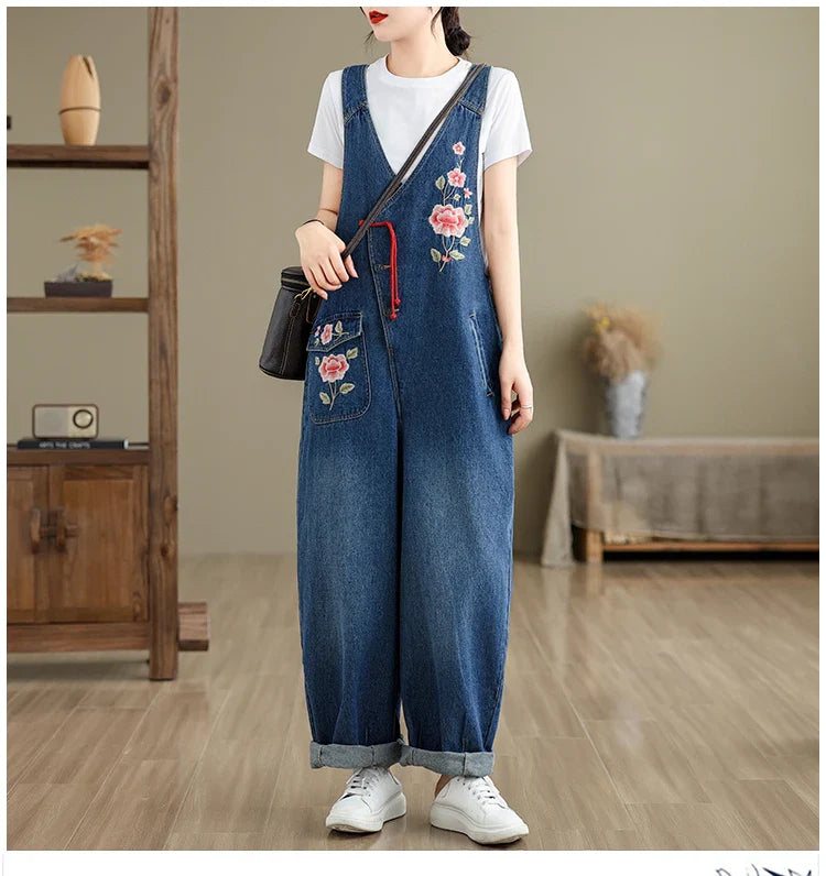 Spring 2025 New Vintage Large Size Loose Embroidered Denim Overalls High Waist Long Pants Women's Faion Casual Jeans