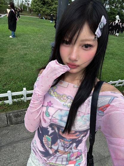 Karrram Japanese Y2k Anime Print Mesh Tops 2000s Aesthetics Pink Sheer Top Vintage Harajuku Kawaii See Through T-shirt Lolita