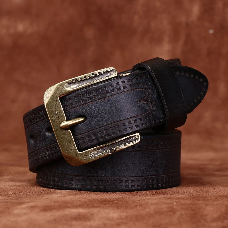 3.8CM Pure Cowhide High Quality Genuine Leather Belts for Men Brand Strap Male Brass Retro Buckle Jeans Cowboy Cintos Luxury