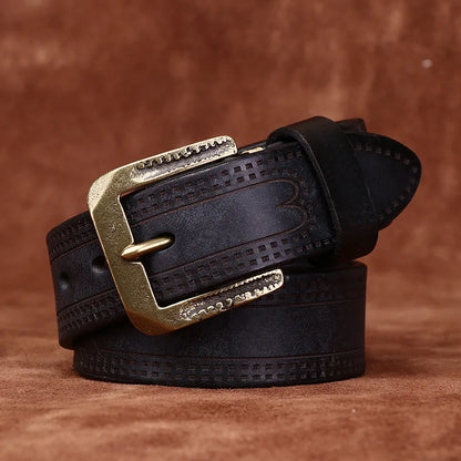3.8CM Pure Cowhide High Quality Genuine Leather Belts for Men Brand Strap Male Brass Retro Buckle Jeans Cowboy Cintos Luxury