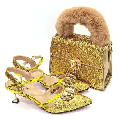 2022 Nigerian Fashionable Silver Color Peep Toe Shoes Matching Bag Set For Royal Ladies Wedding Party Sandal