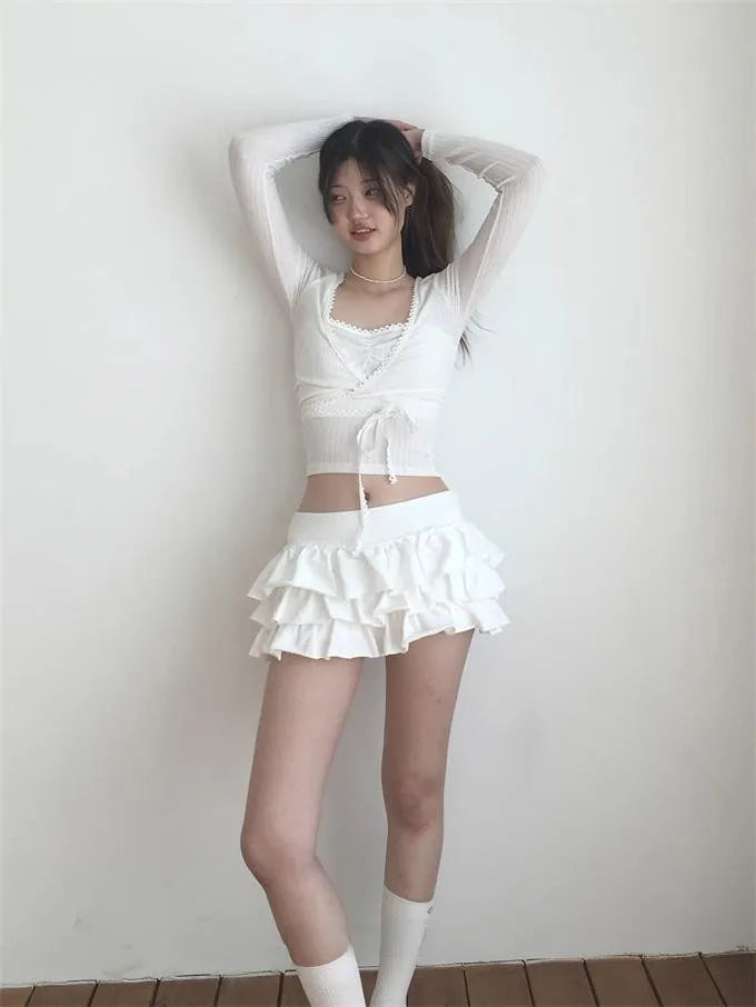 Y2k Lolita Mini Cake Skirt Soft Girl low Waist Ruffle Fluffy Fairy Skirts Summer Kawaii Cute Elegant Short Skirt Black