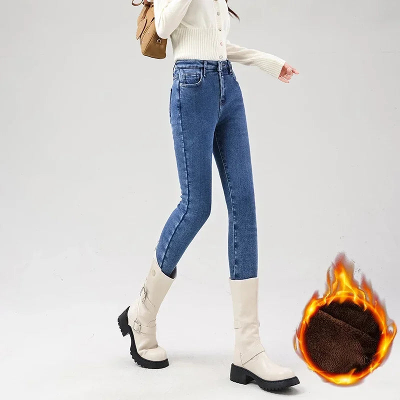 Women's Fleece Warm Winter Jeans Thicken Elastic Skinny Pencil Pants Fashion Korean Slim Plush Thermal Leggings Trousers