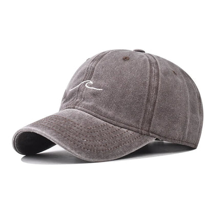 Washed Cotton Wave Embroidered Baseball Cap Unisex Adjustable Dad Hat Casual Retro Style Cap for Men Women Daily Street Wear