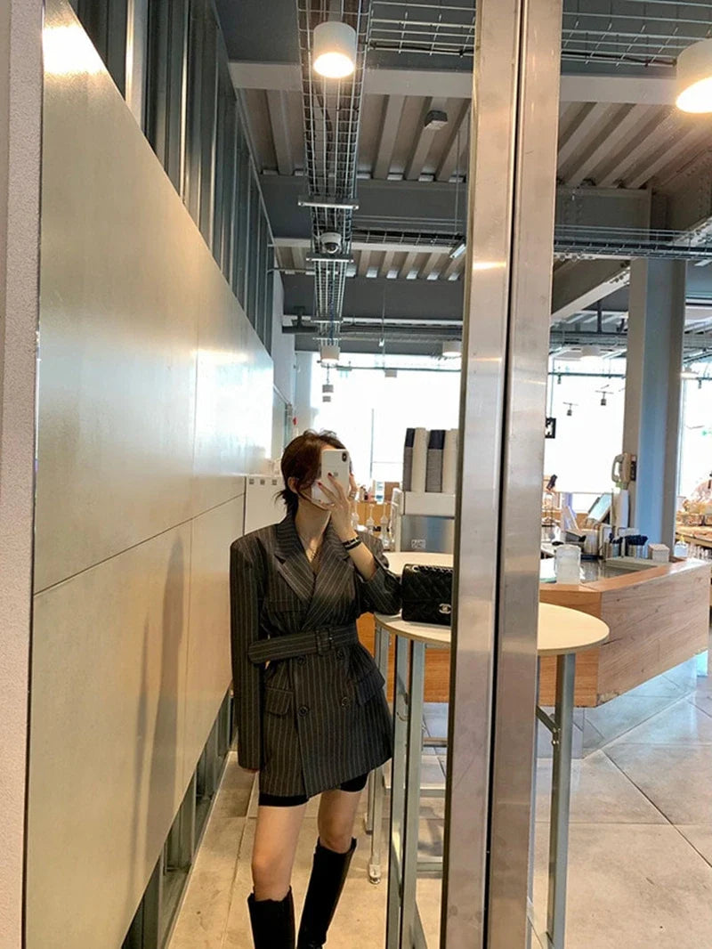 Ele Stripe Loose Faionable Suit Jaet with Belt Hong Kong Sle Retro Chic Top Women's Busin Casual Outerwear