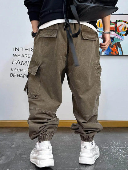 American Vintage Cargo Joggers Mens Washed Distressed Multi Pocket Pants Oversized Loose Fit Streetwear Hip Hop Plus Size Trendy