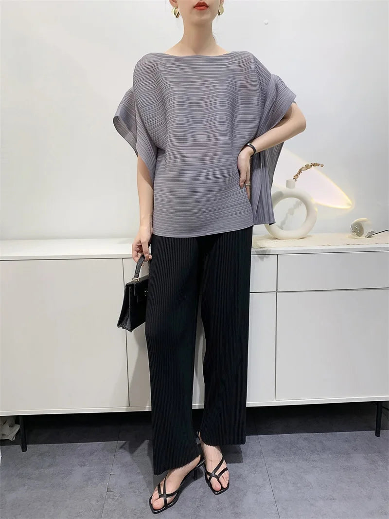 2025 Summer T-shirt Miyake Comfortable Casual Loose Pleated Top Women Short Sleeve Slim Commuter Office Clothes Wrinkle-Free