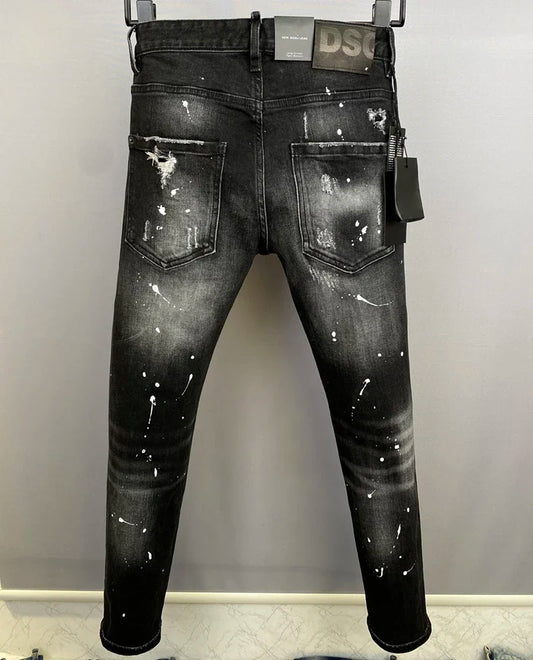 Men Jeans Denim Pants Hole Slim Pencil Trousers Metal Buttons Party Classics Fashionable Black DSQ2 JENAS