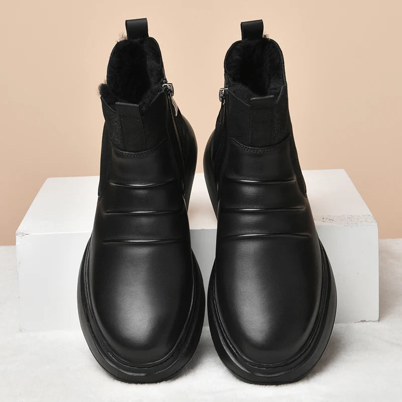 Luxury Brand Male Slip on Chelsea Boots Genuine Leather Mens Warm Winter Shoes High Quality Ankle Boots Men Handmade Snow Boots
