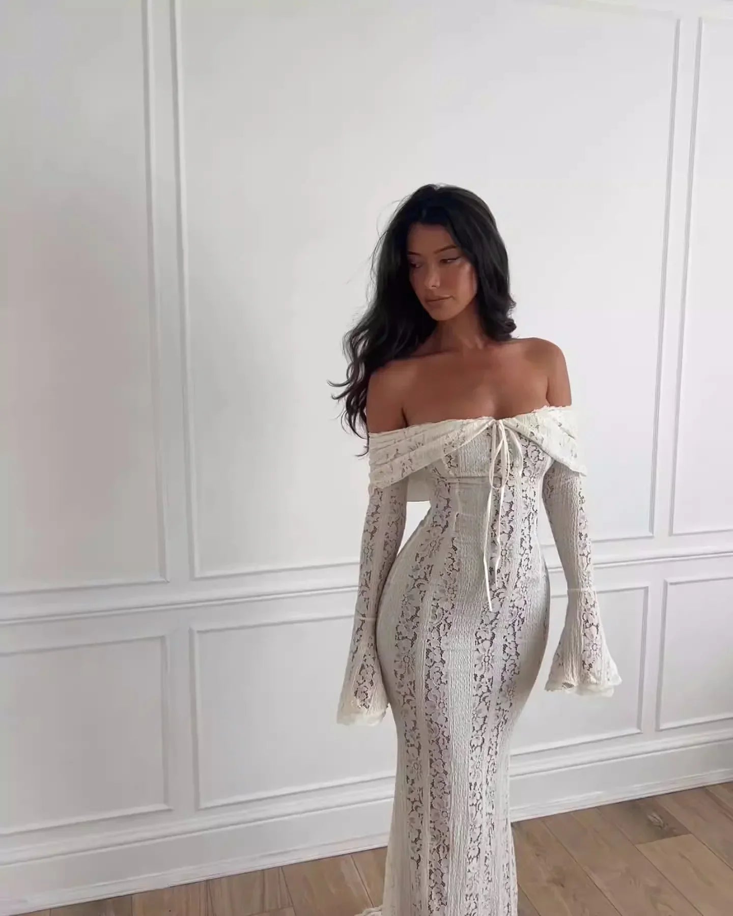 Elegant Off The Shoulder Bodycon Dress 2024 New in White Flare Sleeve Lace Maxi Dress Wedding Guest Dress for Women
