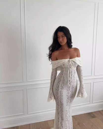 Elegant Off The Shoulder Bodycon Dress 2024 New in White Flare Sleeve Lace Maxi Dress Wedding Guest Dress for Women
