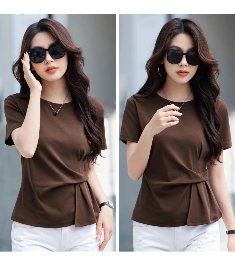 Women's summer new cotton irregular top short sleeved round neck casual women's short sleeved top T-shirt