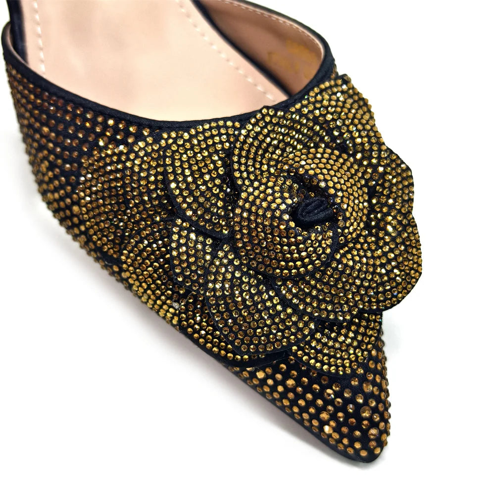 Evening Shoes and Bags Set with Full Diamond Handmade Petal Clutches Pointed Toe Peach Color Mid-Heel Women Shoes