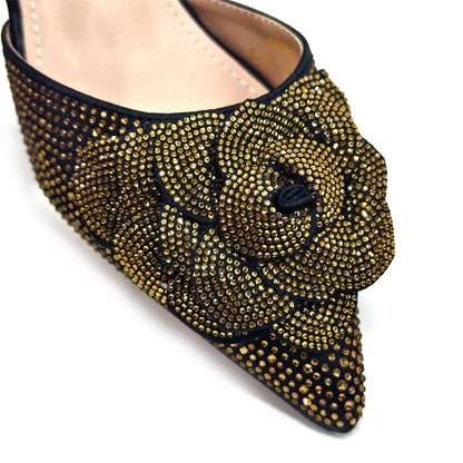 Italian Design Evening Shoes And Bags Paired With Handmade Petal Gold Colour Pointed Toe Mid-Heel Shoes For Women Party Shoes