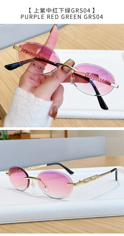 New Oval Rimless Sunglasses Women Luxury Fashion Narrow Sun Glasses Shades Trendy Elegant Diamond Eyewear Lentes De Sol Mujer