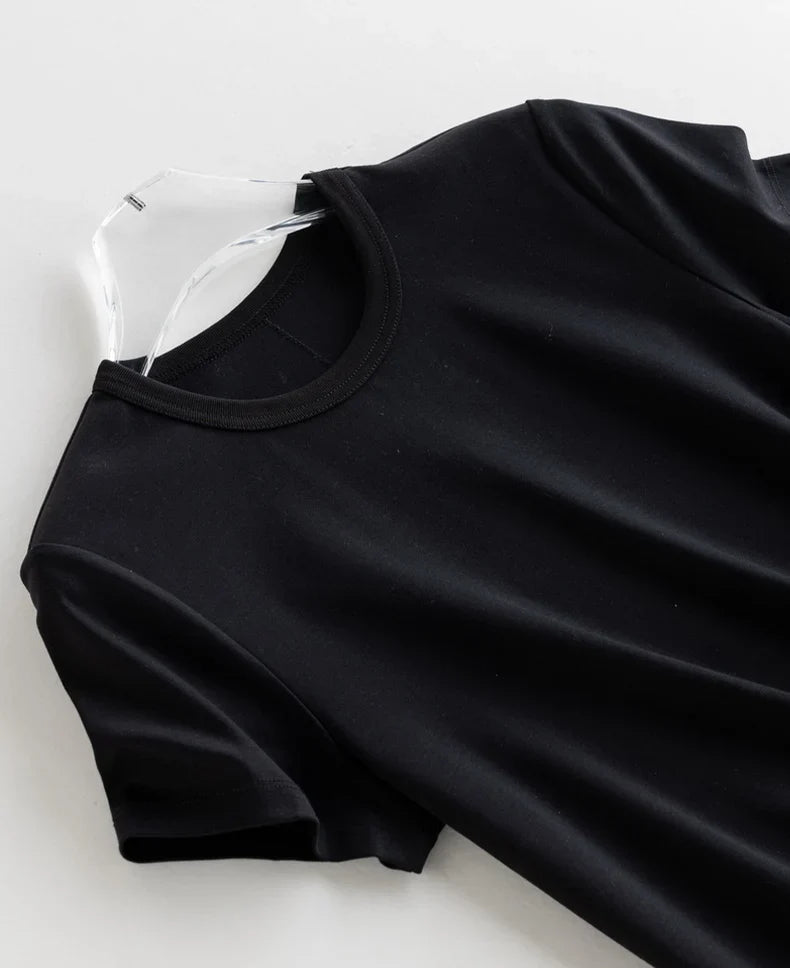 Women Solid T Shirt, Silk Cotton Blend, Square Collar, Short Sleeves Chic Shirt 2025 Spring Summer Cozy Top