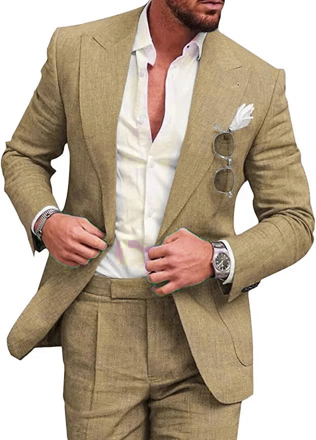 Linen Causal Men Suits for Beach Party Solid Color Business Two Pieces Wedding Tuxedo Set Peak Lapel Suit Jacket with Pants