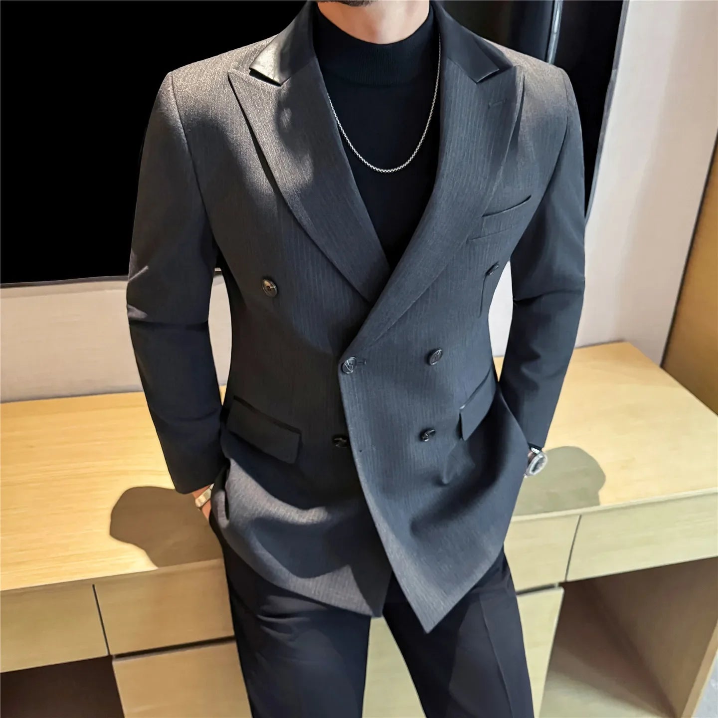 (1 Pcs Jackets) New Thicken Thicken Striped Casual Suit Jacket Fashion Splicing Leather Neck Men's Business Slim Blazers Tuxedos